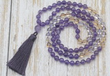 GMN6353 Knotted 8mm, 10mm amethyst, citrine & white crystal 108 beads mala necklace with tassel