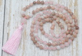 GMN6355 Knotted 8mm, 10mm sunstone, rose quartz & white jade 108 beads mala necklace with tassel