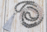 GMN6356 Knotted 8mm, 10mm labradorite, rose quartz & white moonstone 108 beads mala necklace with tassel