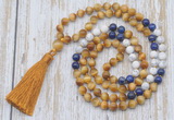 GMN6357 Knotted 8mm, 10mm golden tiger eye, lapis lazuli & matte white howlite 108 beads mala necklace with tassel