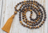 GMN6358 Knotted 8mm, 10mm yellow tiger eye, garnet & smoky quartz 108 beads mala necklace with tassel