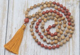 GMN6360 Knotted 8mm, 10mm picture jasper & red jasper 108 beads mala necklace with tassel