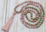 GMN6361 Knotted 8mm, 10mm unakite & pink wooden jasper 108 beads mala necklace with tassel