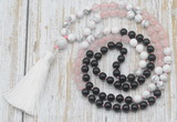 GMN6362 Knotted 8mm, 10mm black agate, rose quartz & white howlite 108 beads mala necklace with tassel