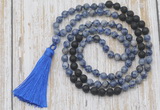 GMN6364 Knotted 8mm, 10mm blue spot stone & black lava 108 beads mala necklace with tassel