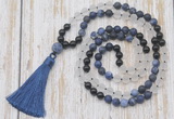 GMN6366 Knotted 8mm, 10mm matte sodalite, white crystal  & black agate 108 beads mala necklace with tassel