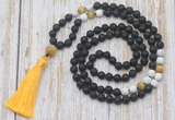 GMN6368 Knotted 8mm, 10mm black lava, matte white howlite & golden tiger eye 108 beads mala necklace with tassel