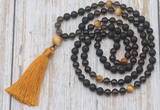 GMN6369 Knotted 8mm, 10mm black lava, smoky quartz & golden tiger eye 108 beads mala necklace with tassel