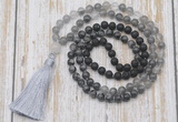 GMN6370 Knotted 8mm, 10mm black lava, black labradorite & cloudy quartz 108 beads mala necklace with tassel