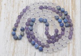 GMN6401 Hand-knotted 8mm, 10mm matte amethyst, white crystal & lapis lazuli 108 beads mala necklaces