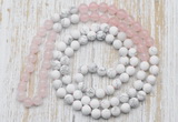 GMN6402 Hand-knotted 8mm, 10mm rose quartz & white howlite 108 beads mala necklaces