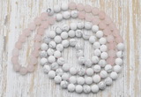 GMN6403 Hand-knotted 8mm, 10mm rose quartz & white howlite 108 beads mala necklaces