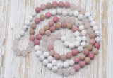 GMN6404 Hand-knotted 8mm, 10mm white howlite, pink jasper & rose quartz 108 beads mala necklaces