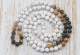 GMN6408 Hand-knotted 8mm, 10mm matte white howlite & mixed gemstone 108 beads mala necklaces