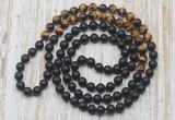 GMN6411 Hand-knotted 8mm, 10mm matte black agate & yellow tiger eye 108 beads mala necklaces