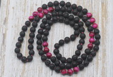 GMN6416 Hand-knotted 8mm, 10mm black lava & red tiger eye 108 beads mala necklaces