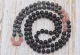 GMN6417 Hand-knotted 8mm, 10mm matte black agate, black labradorite & rose quartz 108 beads mala necklaces