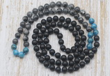 GMN6418 Hand-knotted 8mm, 10mm matte black agate, black labradorite & apatite 108 beads mala necklaces