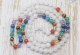 GMN6419 Hand-knotted 7 Chakra 8mm, 10mm white jade 108 beads mala necklaces