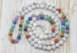 GMN6421 Hand-knotted 7 Chakra 8mm, 10mm white howlite 108 beads mala necklaces