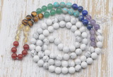 GMN6422 Hand-knotted 7 Chakra 8mm, 10mm white howlite 108 beads mala necklaces