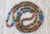 GMN6423 Hand-knotted 7 Chakra 8mm, 10mm yellow tiger eye 108 beads mala necklaces