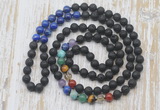 GMN6428 Hand-knotted 7 Chakra 8mm, 10mm black lava & lapis lazuli 108 beads mala necklaces