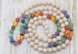 GMN6435 Hand-knotted 7 Chakra 8mm, 10mm white fossil jasper 108 beads mala necklaces