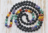 GMN6442 Hand-knotted 7 Chakra 8mm, 10mm black agate 108 beads mala necklaces