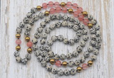 GMN6447 Hand-knotted 8mm, 10mm dalmatian jasper & cherry quartz 108 beads mala necklaces