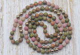 GMN6448 Hand-knotted 8mm, 10mm matte unakite & pink wooden jasper 108 beads mala necklaces