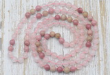 GMN6451 Hand-knotted 8mm, 10mm rose quartz & pink wooden jasper 108 beads mala necklaces