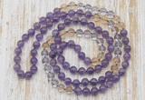 GMN6453 Hand-knotted 8mm, 10mm amethyst, citrine & white crystal 108 beads mala necklaces