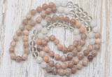 GMN6454 Hand-knotted 8mm, 10mm sunstone, white crystal & white jade 108 beads mala necklaces