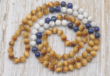 GMN6457 Knotted 8mm, 10mm golden tiger eye, lapis lazuli & matte white howlite 108 beads mala necklaces