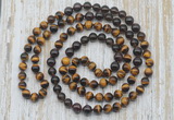 GMN6458 Knotted 8mm, 10mm yellow tiger eye, garnet & smoky quartz 108 beads mala necklaces