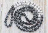 GMN6459 Knotted 8mm, 10mm snowflake obsidian, garnet & matte white howlite 108 beads mala necklaces