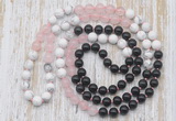 GMN6462 Hand-knotted 8mm, 10mm black agate, rose quartz & white howlite 108 beads mala necklaces