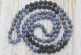 GMN6464 Hand-knotted 8mm, 10mm blue spot stone & black lava 108 beads mala necklaces