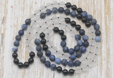 GMN6466 Knotted 8mm, 10mm matte sodalite, white crystal  & black agate 108 beads mala necklaces