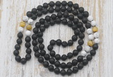 GMN6468 Knotted 8mm, 10mm black lava, matte white howlite & golden tiger eye 108 beads mala necklaces