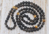 GMN6469 Knotted 8mm, 10mm black lava, smoky quartz & golden tiger eye 108 beads mala necklaces