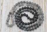 GMN6470 Knotted 8mm, 10mm black lava, black labradorite & cloudy quartz 108 beads mala necklaces