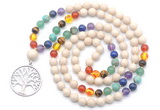 GMN6480 Knotted 7 Chakra 8mm, 10mm white fossil jasper 108 beads mala necklace with charm