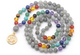 GMN6482 Knotted 7 Chakra 8mm, 10mm labradorite 108 beads mala necklace with charm