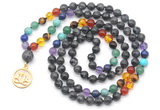 GMN6483 Knotted 7 Chakra 8mm, 10mm black labradorite 108 beads mala necklace with charm