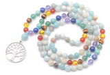 GMN6484 Knotted 7 Chakra 8mm, 10mm amazonite 108 beads mala necklace with charm