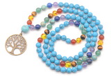 GMN6485 Knotted 7 Chakra 8mm, 10mm turquoise 108 beads mala necklace with charm