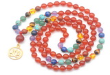 GMN6486 Knotted 7 Chakra 8mm, 10mm red agate 108 beads mala necklace with charm