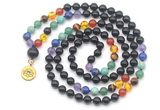 GMN6487 Knotted 7 Chakra 8mm, 10mm black agate 108 beads mala necklace with charm